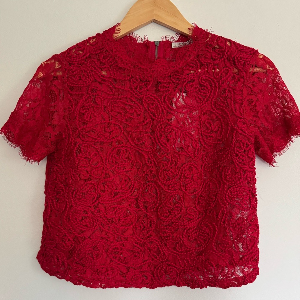 Zara Trafaluc Vibrant Red Embroidered Sheer Lace Crop Top